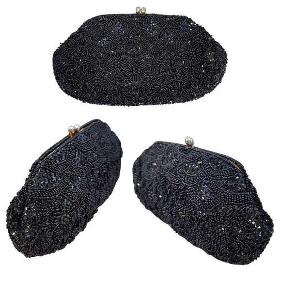 VTG 50s 60s Black Handmade Hong Kong Beaded Sequins Kiss Lock Clutch - Picture 7 of 16